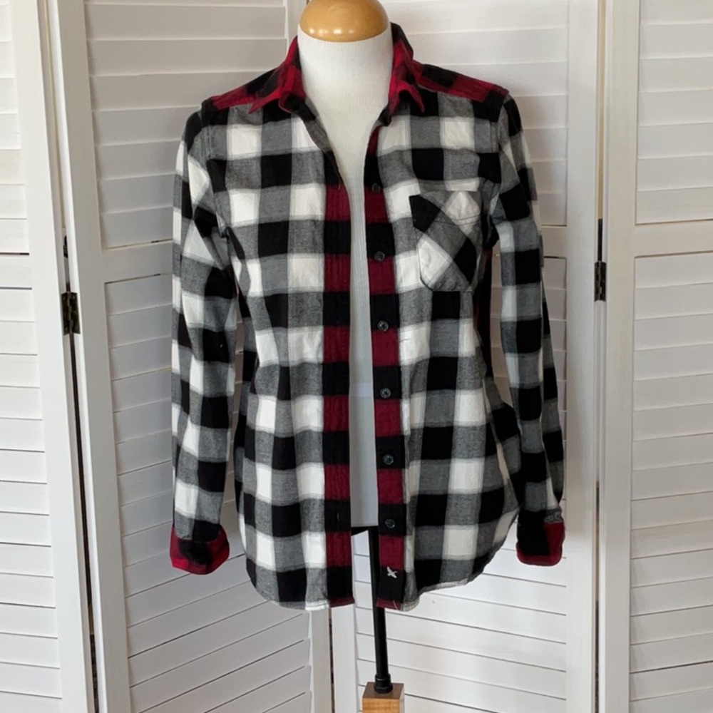 Plaid Women's cotton long sleeve shirt- Black, White, Red
